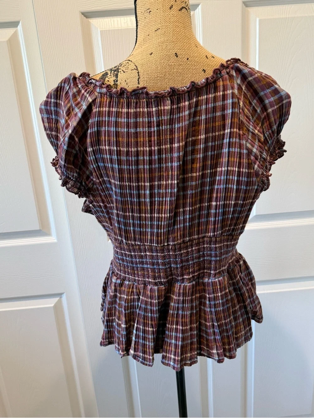 Old Navy Rust Multi Plaid Peplum Smocked Waist Blouse - Picture 3 of 6